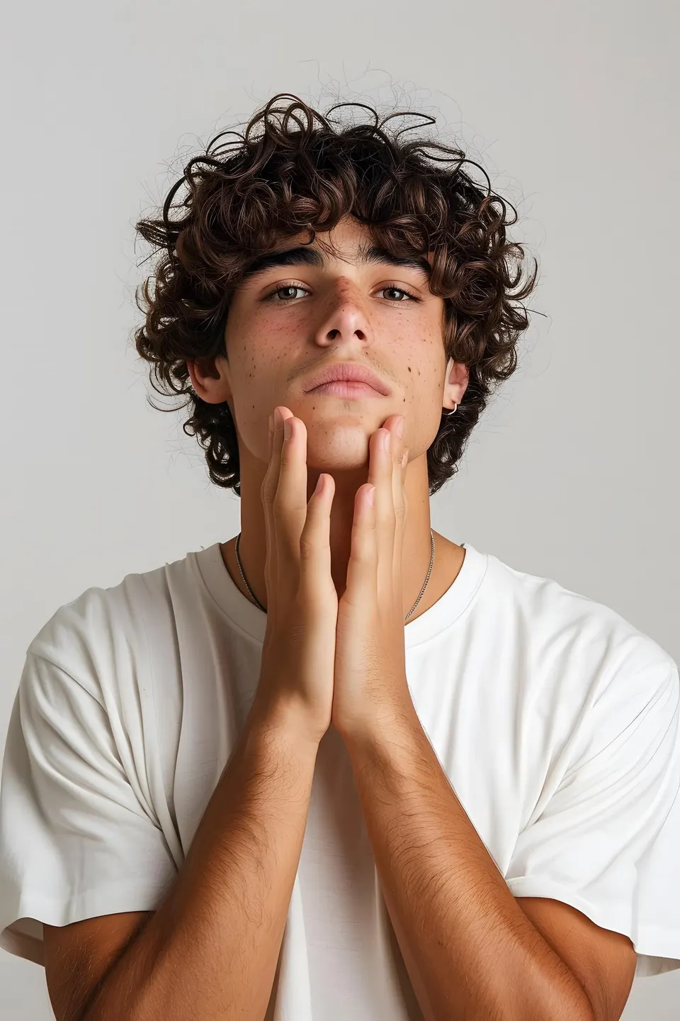 Woman holding her jaw in pain, illustrating common TMJ disorder symptoms like clicking and facial tension